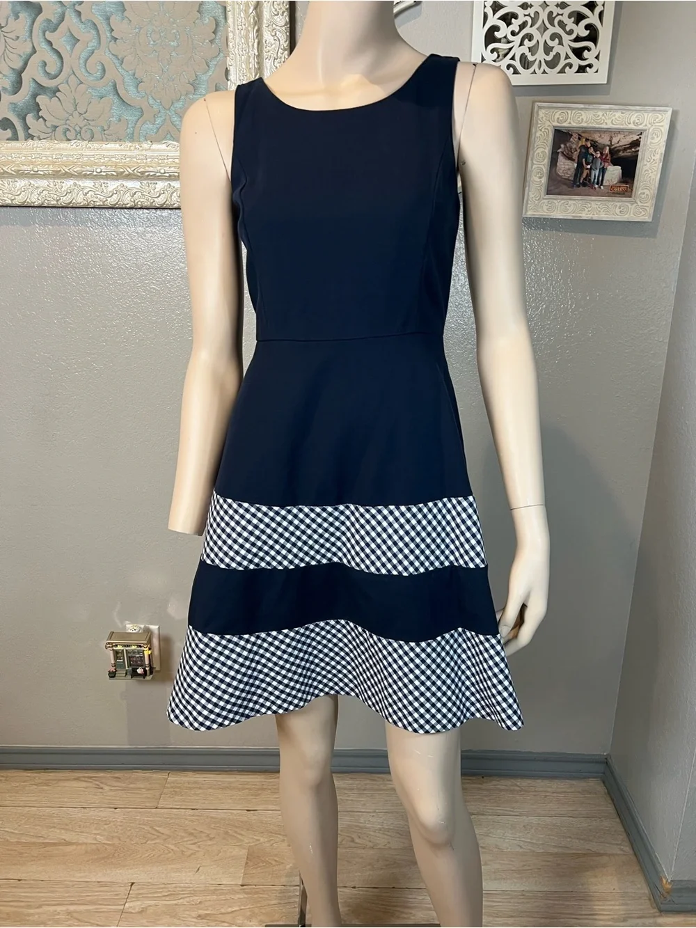 Tommy Hilfiger Navy Sleeveless Fit & Flare Dress with Gingham Trim
